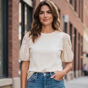 Design History Antique White Slub Cotton Puff Lace Sleeve Tee XL NWT